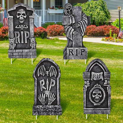 Halloween Tombstone Set Halloween Yard Sign 4 Pack Large Tombstones for Graves Halloween Gravestone With Plastic Stakes