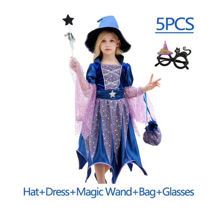 Kids 2025 Halloween Witch Costume for Girls Carnival Party Evil Lovely Witch Vestidos Set Dress+Hat+Magic Wand+Bag Clothes Set