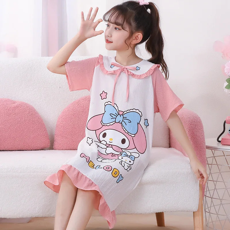 Girl's Summer Pajamas Sanrio Hello Kitty Kuromi Children's Dress Pochacco Anime Cartoon House Clothing Short Sleeved Cute Skirt