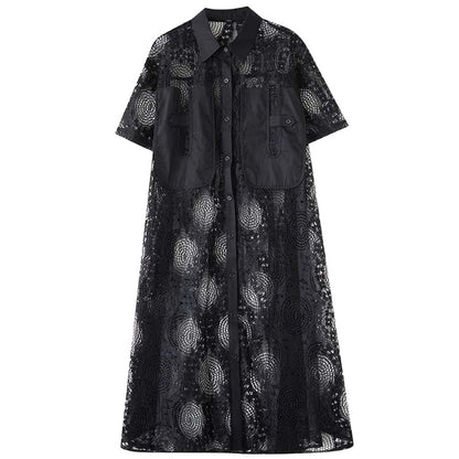 #2615 Summer Black White Hollow Out Vintage Long Shirt Dress Women Loose Split Joint Streetwear A-Line Midi Dress Ladies Sexy