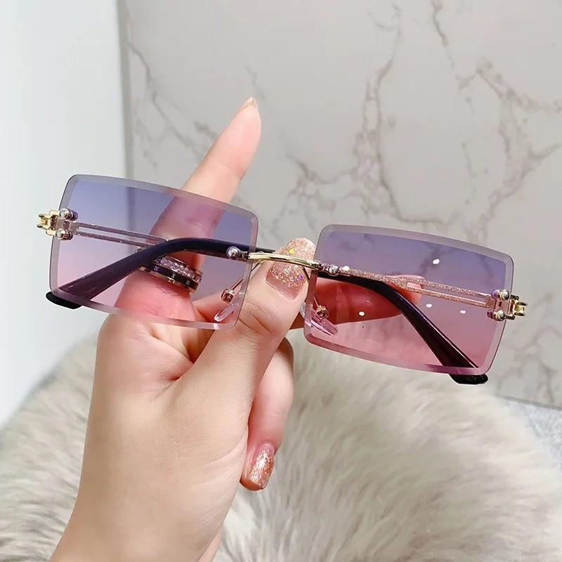 Rimless Rectangle Vintage Sunglasses Woman Brand Pink Gradient Sun Glasses Female Cutting Lens Square Ladies Oculos De Sol