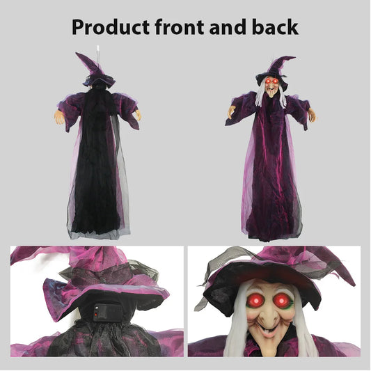 Halloween Life Size Talking Witch Purple Outdoor Spooky Scary Witch Animatronic Voice Controlled Glowing Screaming Decoration