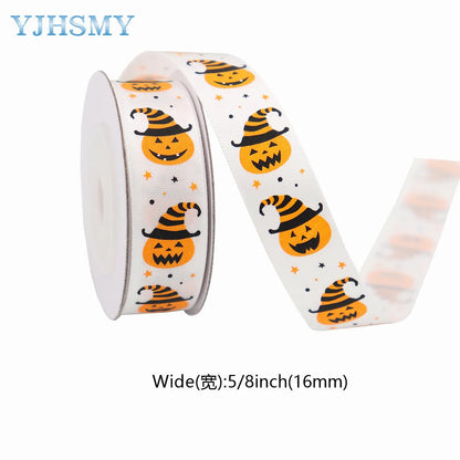 5/8'' Wide Halloween Ribbons Satin Ribbon Pumpkin Ghost Skull Printed Halloween Wrapping Ribbon for Halloween Theme DIY Craft