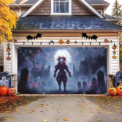 Scary Clown Garage Door Banner – Haunted Cemetery Halloween Decoration for Outdoor Parties & Events