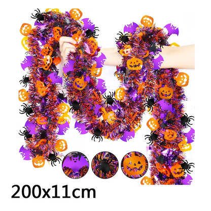 2m Halloween Tinsel Garland With Pumpkin Spider Bat Shiny Metallic Twist Garland for Home Tree Indoor Outdoor Party Decorations