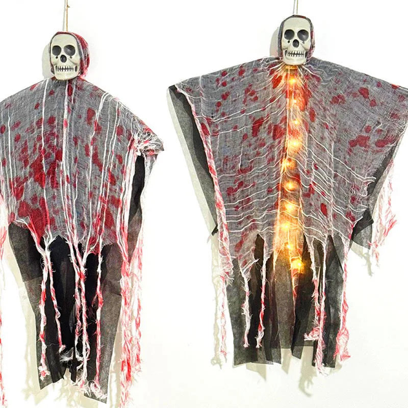 Halloween Party Hanging Skull Skeleton Ghost Ornament Horror Props Haunted House Decorations With Light Outdoor Decorations