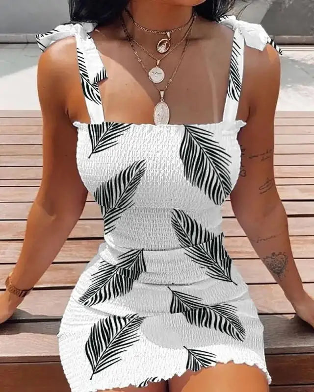 2025 Summer Slim Print Dress Women Fashion Spaghetti Strap Elegant Package Hips Bodycon Mini Dresses Femlae Beach Party Dress