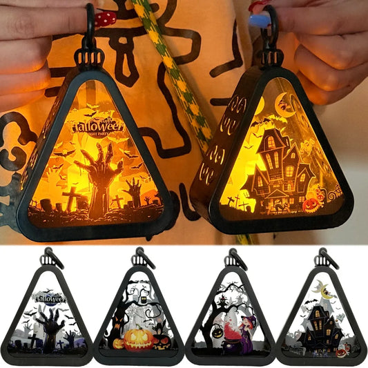 Halloween Pumpkin Lantern Plastic Witch Castle Ghost Triangle Lamp Table Ornaments Party Scene Props Halloween Home Decoration