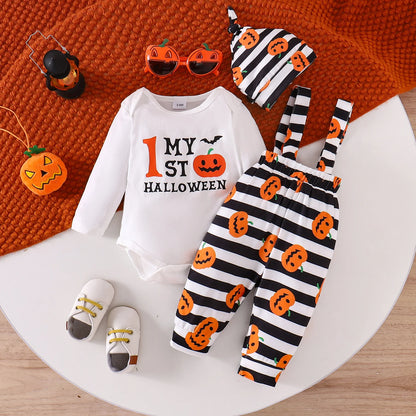 Ceeniu My First Halloween Baby Outfit for Boys Long Sleeve Letter Romper Suspender Pants+Hat Newborns Baby Halloween Costumes