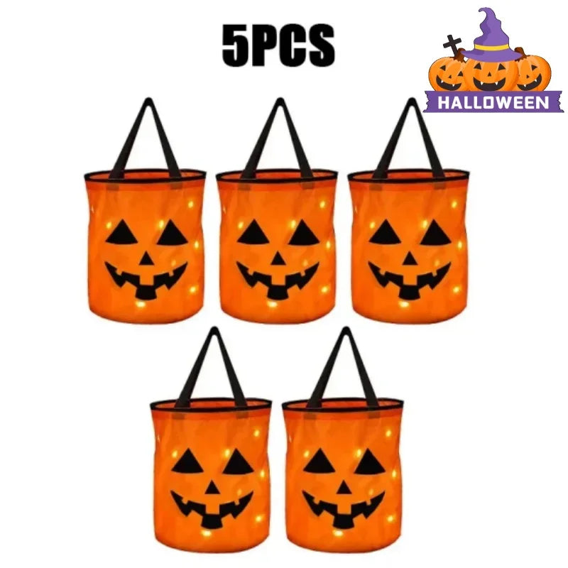 LED Halloween Candy Bucket Glow in the Dark Trick or Treat Bag With Handle Reusable Party Favor Pail for Kids Adults