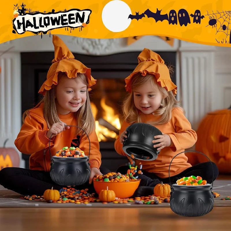 Halloween Decorations Indoor, Halloween Witches Cauldron Candy Serving Bowls on Rack, Black Plastic Cauldron With Skeletons