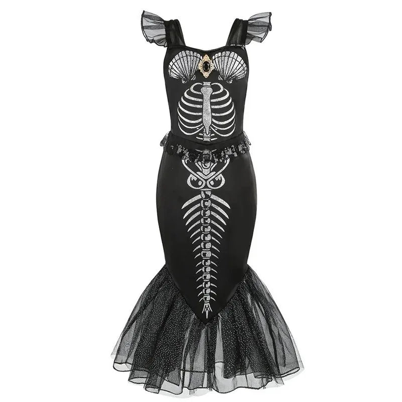 Fishtail Bone Skeleton Mermaid Costume Girls Kid Devil Dress Gothic Horror Corpse Bride Halloween Terror Outfit Party for Child