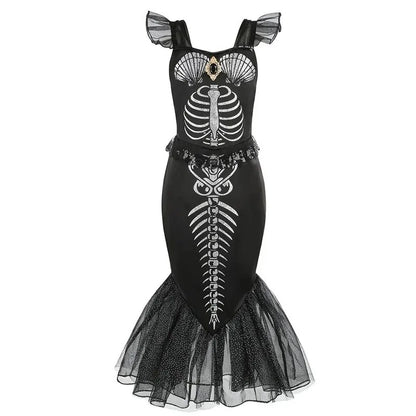 Fishtail Bone Skeleton Mermaid Costume Girls Kid Devil Dress Gothic Horror Corpse Bride Halloween Terror Outfit Party for Child