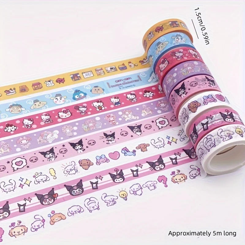 10 Pcs Sanrio Washi Tape Set  Adorable Kuromi, My Melody & Cinnamoroll Designs Cartoon Stickers for Journaling and Crafting