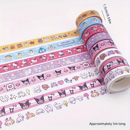 10 Pcs Sanrio Washi Tape Set  Adorable Kuromi, My Melody & Cinnamoroll Designs Cartoon Stickers for Journaling and Crafting