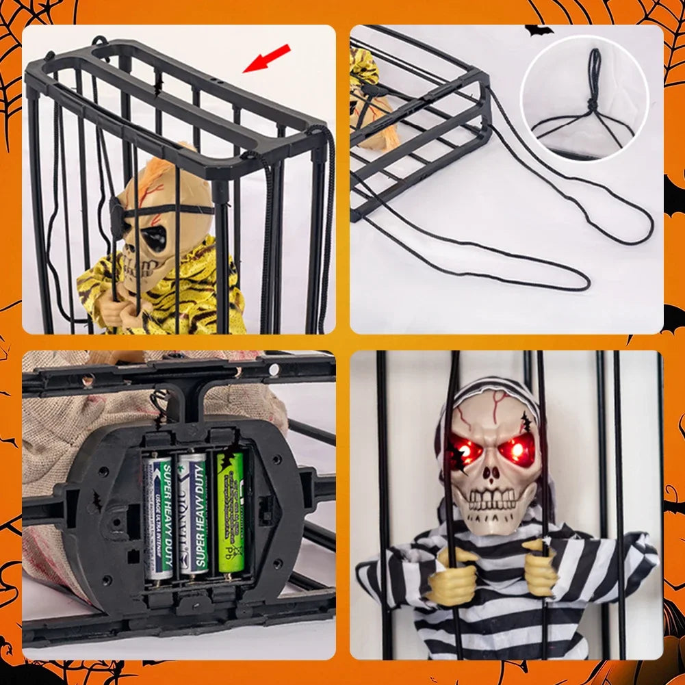 Halloween Scary Skull Decoration Hangable Talking Ghost Prop With Glowing Eye Sound Doll Electric Skeleton Toy in Prisoner Cage
