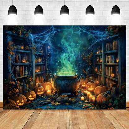 Halloween Horror Photo Backgrounds Witches Magic Boiler Bookshelf Pumpkin Lanterns Spider Web Spooky Party Photography Backdrops