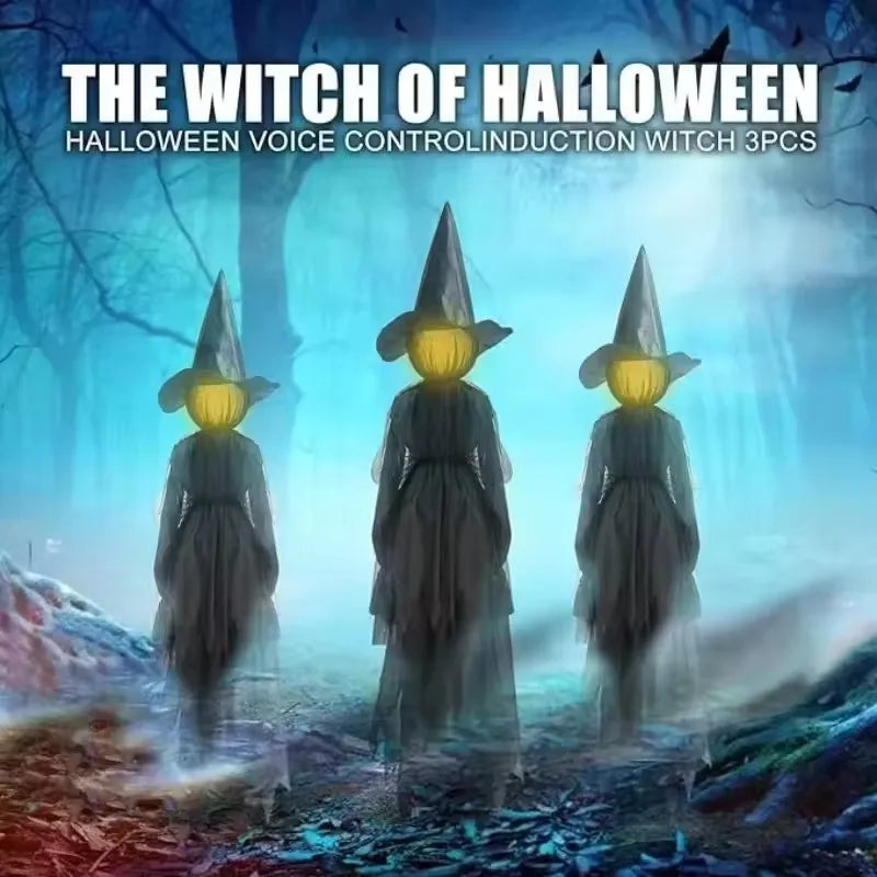 Light-Up Witches With Stakes Halloween Decorations Outdoor Holding Hands Screaming Witches Sound Activated Sensor Decor Props