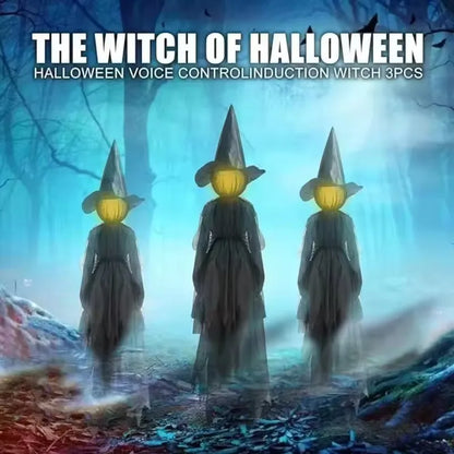 Light-Up Witches With Stakes Halloween Decorations Outdoor Holding Hands Screaming Witches Sound Activated Sensor Decor Props