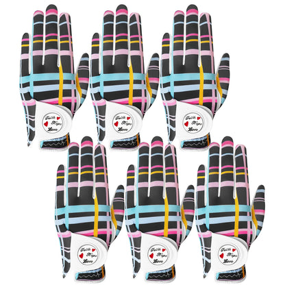 Womens Golf Glove With Ball Marker Rain Left Right Hand Leather Printed 6 Pack, Ladies Golf Gloves All Weather Grip