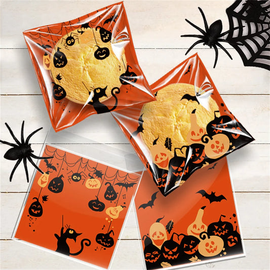 100pcs Halloween Candy Bag Plastic Gift Bags Ghost Pumpkin Spider Packaging Bag for Kids Gift Happy Halloween Party Decoration