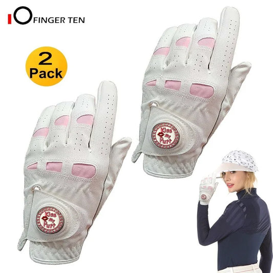 2 Pcs Cabretta Leather Golf Gloves Women With Bling Ball Marker Extra Grip Left Right Hand Pink Fit Ladies Girls Golfer