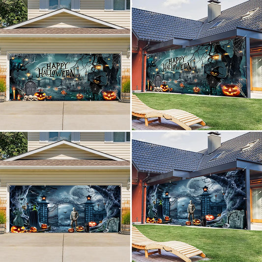Halloween Garage Door Photography Background Spooky Graveyard Gate Witches Dark Banner Hanging Outdoor Halloween Photo Backdrop