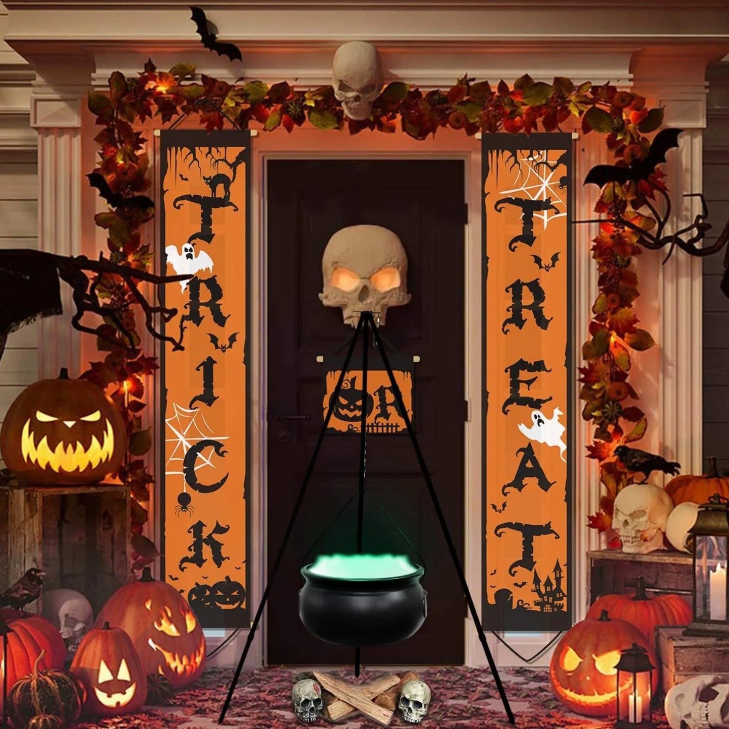 Halloween Decor Outdoor Large Witch Cauldron on Tripod With Lights Candy Bucket Halloween Bonfire Horror Carnival Party Decor