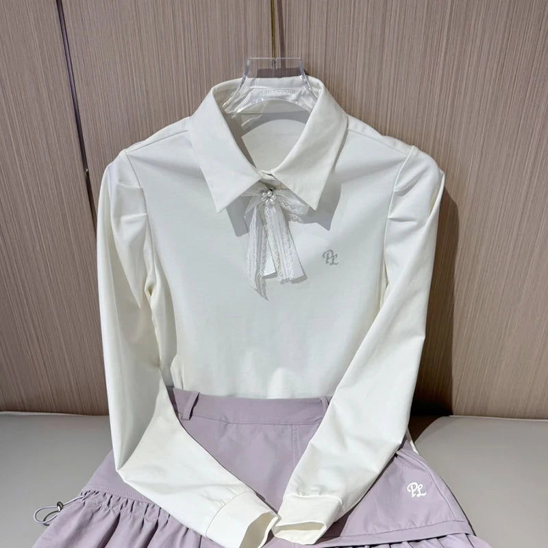 PL Women Long Sleeve Golf Polo Shirts Ladies Autumn New T-Shirt Bowknot Lapel Sports Top Ladies Cargo Short Skirts Slim Skort