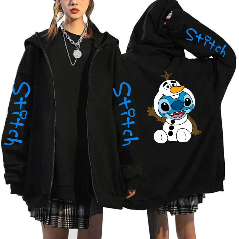 Oversized Y2k Zip-Up Hoodie Disney Women's Lilo & Stitch Costume Winter Clothes Woman Long Sleeve Warm Jacket Zip-Up Street Tops