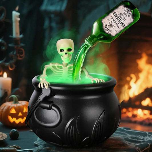 Halloween WitchCauldron With LED Light & Fog Mist Maker Skeleton Decor for Spooky Hocus Pocus Party, Home, Halloween Party