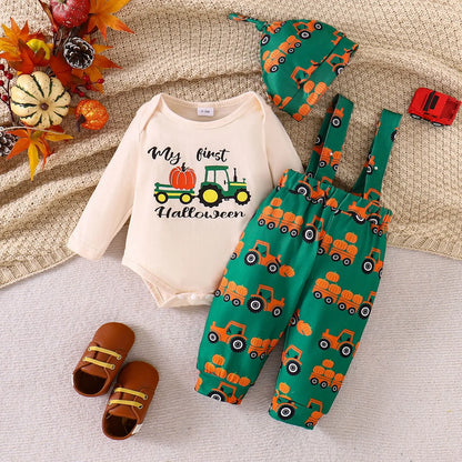 Ceeniu My First Halloween Baby Outfit for Boys Long Sleeve Letter Romper Suspender Pants+Hat Newborns Baby Halloween Costumes