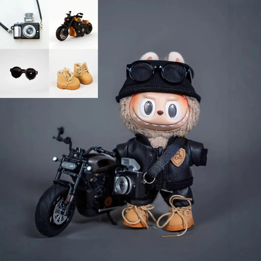 For 17cm Labubu Doll Black Leather Jacket & Inertia Bike Set Cool Biker Outfit Ropa Labubu Doll Accessory