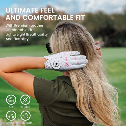 2 Pack or 1 Pair Cabretta Leather Womens Golf Gloves With Ball Marker Left Right Hand Extra Grip Ladies Sizes S M L XL