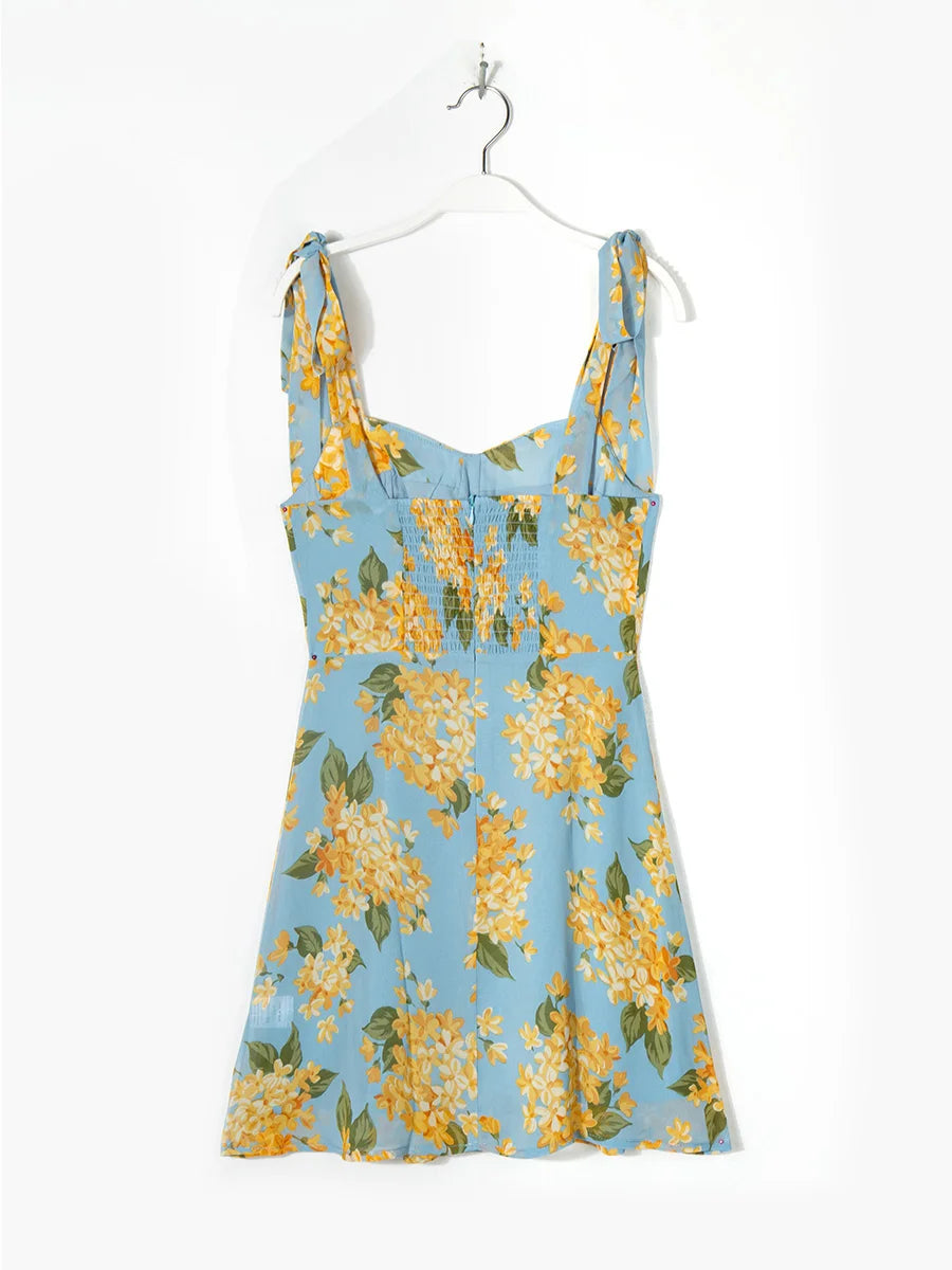 Summer Dresses for Women 2023 Sweetheart Neck Sleeveless Tie Strap Floral Print Mini Dress Woman Vacation Beach Style Sundress
