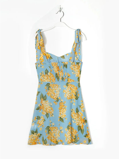 Summer Dresses for Women 2023 Sweetheart Neck Sleeveless Tie Strap Floral Print Mini Dress Woman Vacation Beach Style Sundress