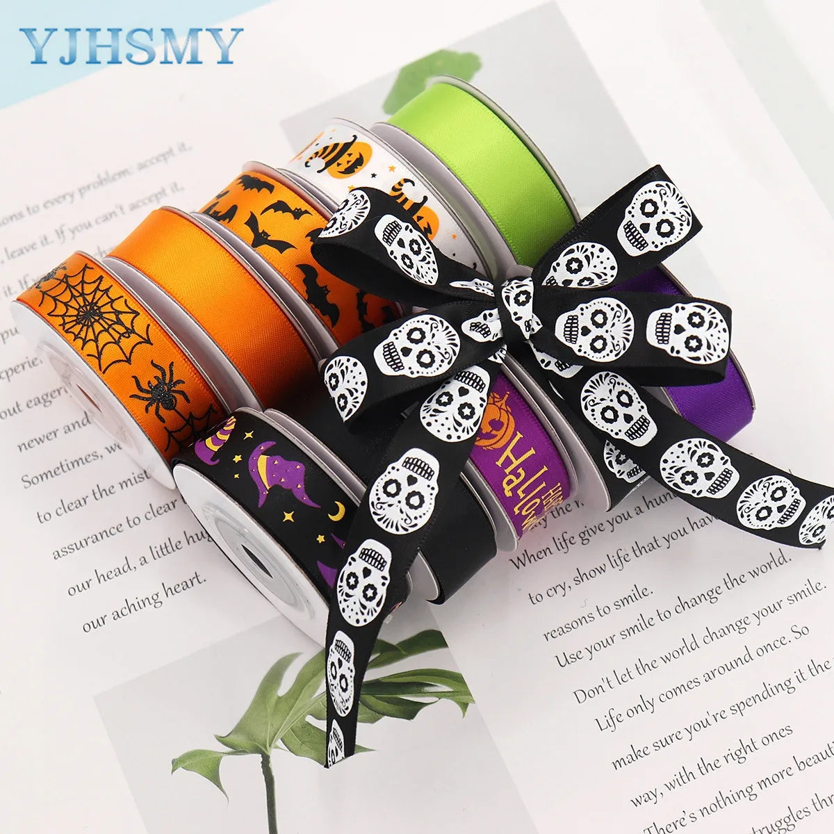 5/8'' Wide Halloween Ribbons Satin Ribbon Pumpkin Ghost Skull Printed Halloween Wrapping Ribbon for Halloween Theme DIY Craft