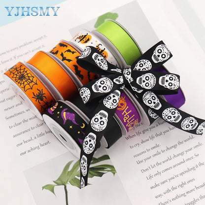 5/8'' Wide Halloween Ribbons Satin Ribbon Pumpkin Ghost Skull Printed Halloween Wrapping Ribbon for Halloween Theme DIY Craft