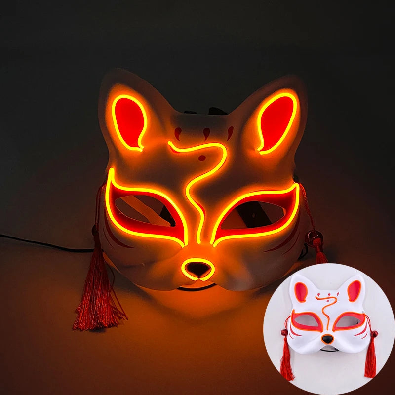 Halloween Luminous Japanese Neon Light Fox Mask LED Light Up Cosplay Mask Flashing in Dark Masquerade Dance Party Mask Costume