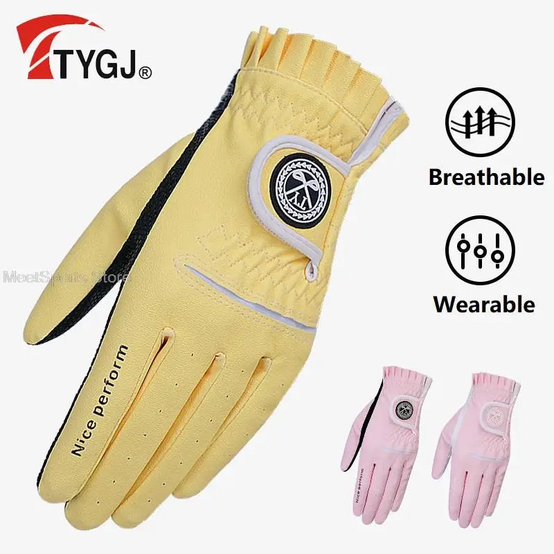 Ttygj 1 Pair Golf Gloves Woman PU Leather Soft Gloves Ladies Anti-Slip Granules Sports Mittens Elegant Right Left Hand Golf Aids