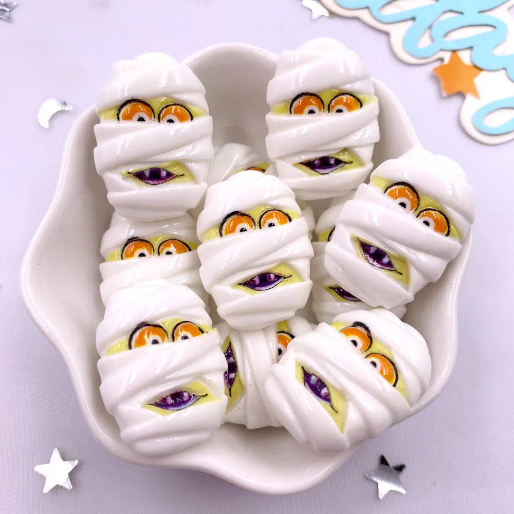 8Pcs Resin Cute Colorful 3D Ghosts Bat Cake Pumpkin Owl Skull Head Figurines Flatback Stone Decor DIY Halloween Scrapbook Crafts