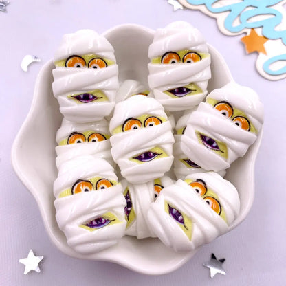 8Pcs Resin Cute Colorful 3D Ghosts Bat Cake Pumpkin Owl Skull Head Figurines Flatback Stone Decor DIY Halloween Scrapbook Crafts