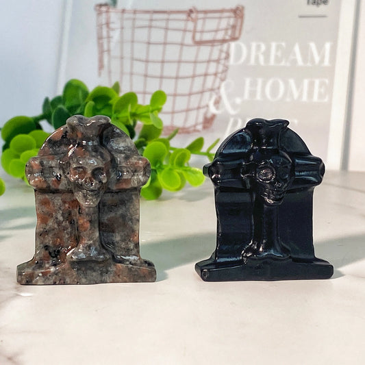 1PC High Quality Halloween Tombstone Natural Crystal Carving,Healing Crystal, Birthday Gift,Black Obsidian,Yooperlite,Women Gift