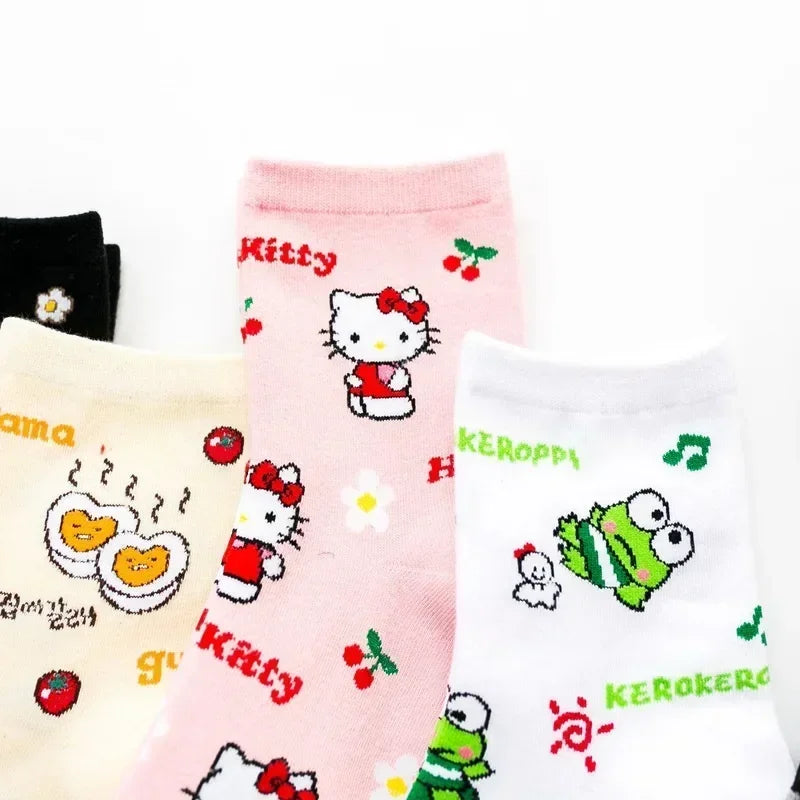 5 Pairs Kawaii Sanrio Mid-Calf Socks Hello Kitty Cartoon Anime Student Comfortable Keep Warm Protecting Feet Toys Girls Gifts