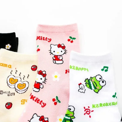 5 Pairs Kawaii Sanrio Mid-Calf Socks Hello Kitty Cartoon Anime Student Comfortable Keep Warm Protecting Feet Toys Girls Gifts