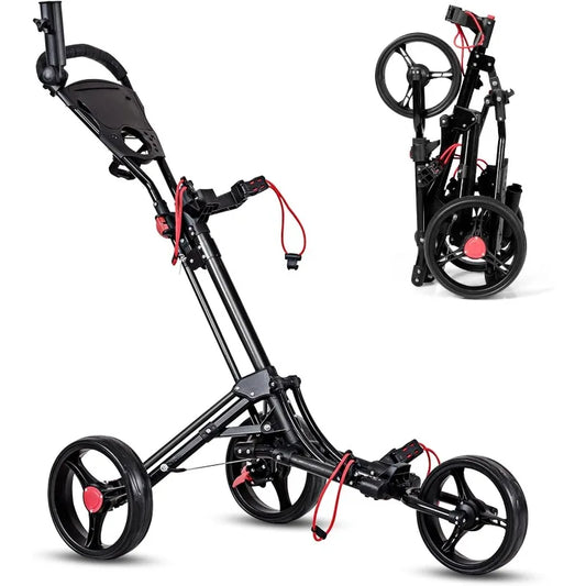 Tangkula Golf Push Pull Cart, Lightweight Aluminum Collapsible 3 Wheels Golf Push Cart, Golf Trolley With Elastic Strap