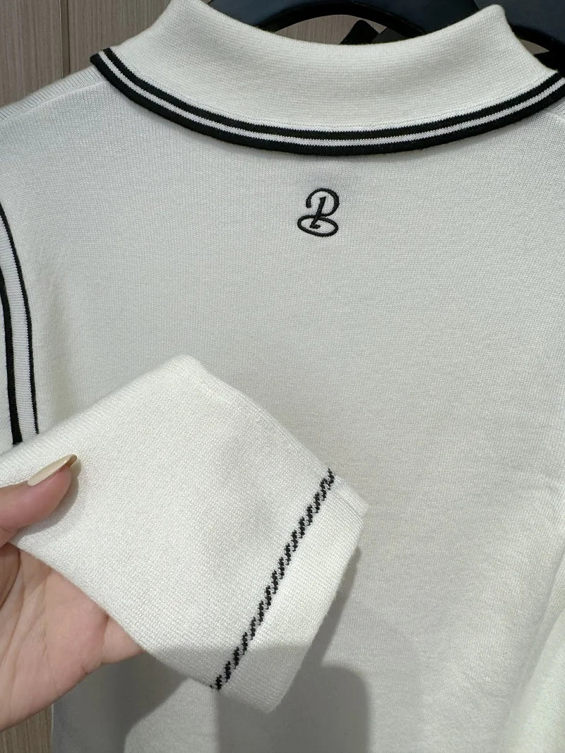 PL Autumn Spring Long Sleeve Golf Tops Women Warm Slim Sweater Ladies Soft Knitted Golf Tops Korean Lapel Pullover S-Xl