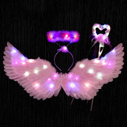 Women Girls Angel Feather LED Wings Halo Light Up Angel Wings Fairy Wands Glow Tutu Skirt Carnival Halloween Cosplay Costume