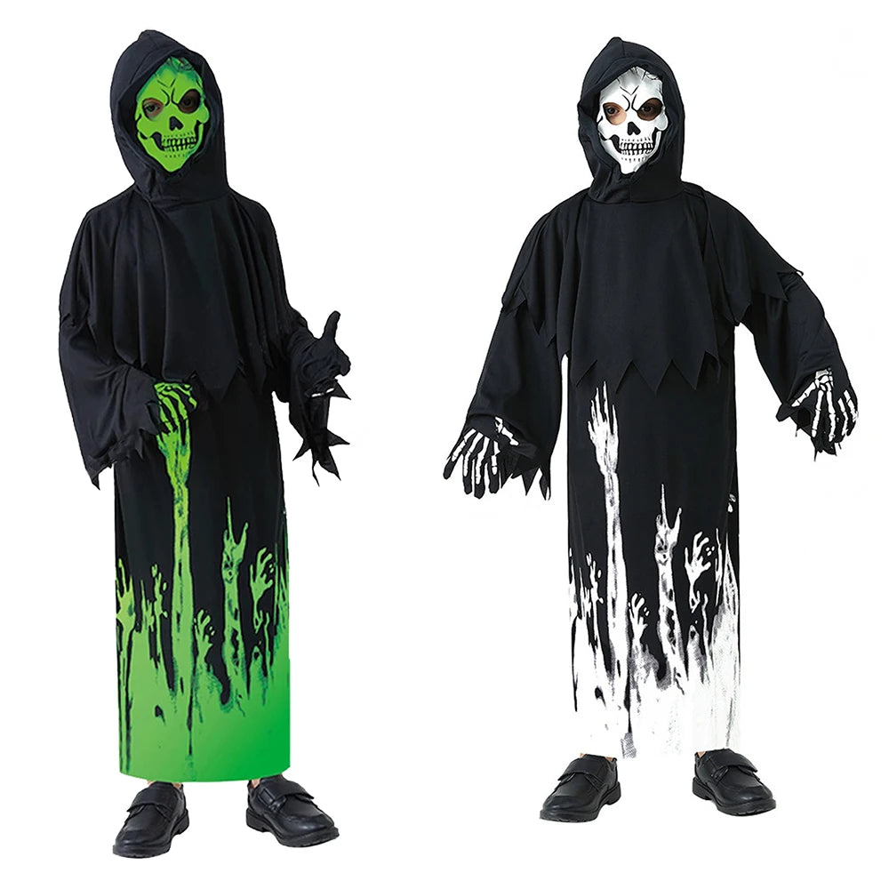 Halloween Grim Reaper Cosplay Costume Bodysuit Kids Ghost Demon Skeleton Spooky Glow-In-The-Dark Hooded Jumpsuit Mask Gloves Set