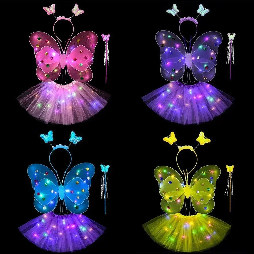 3/4Pcs/Set  Fairy Butterfly Wing Wand Headband Costume Toy Gift Halloween Decoration Double Layers Girls Led Flashing Light